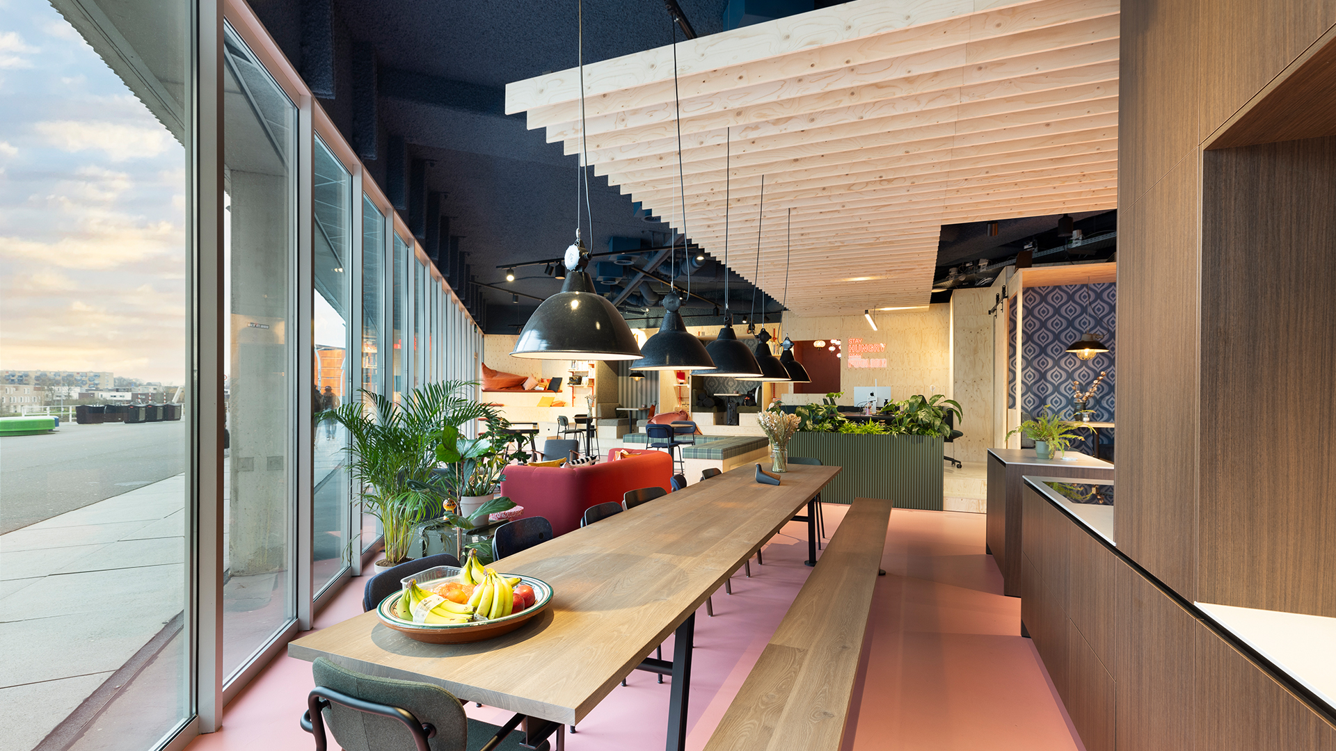 includi office with patterns and colorful elements.