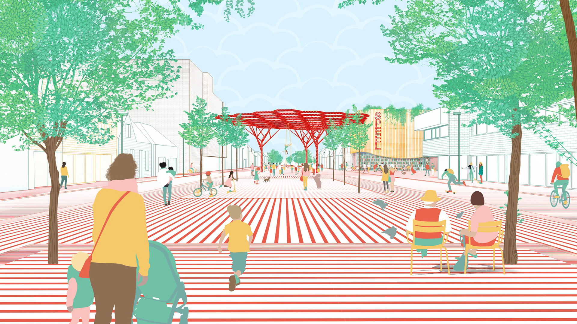 Artwork for a blooming and flourishing city center serving as a third open space for kids and elderly people.