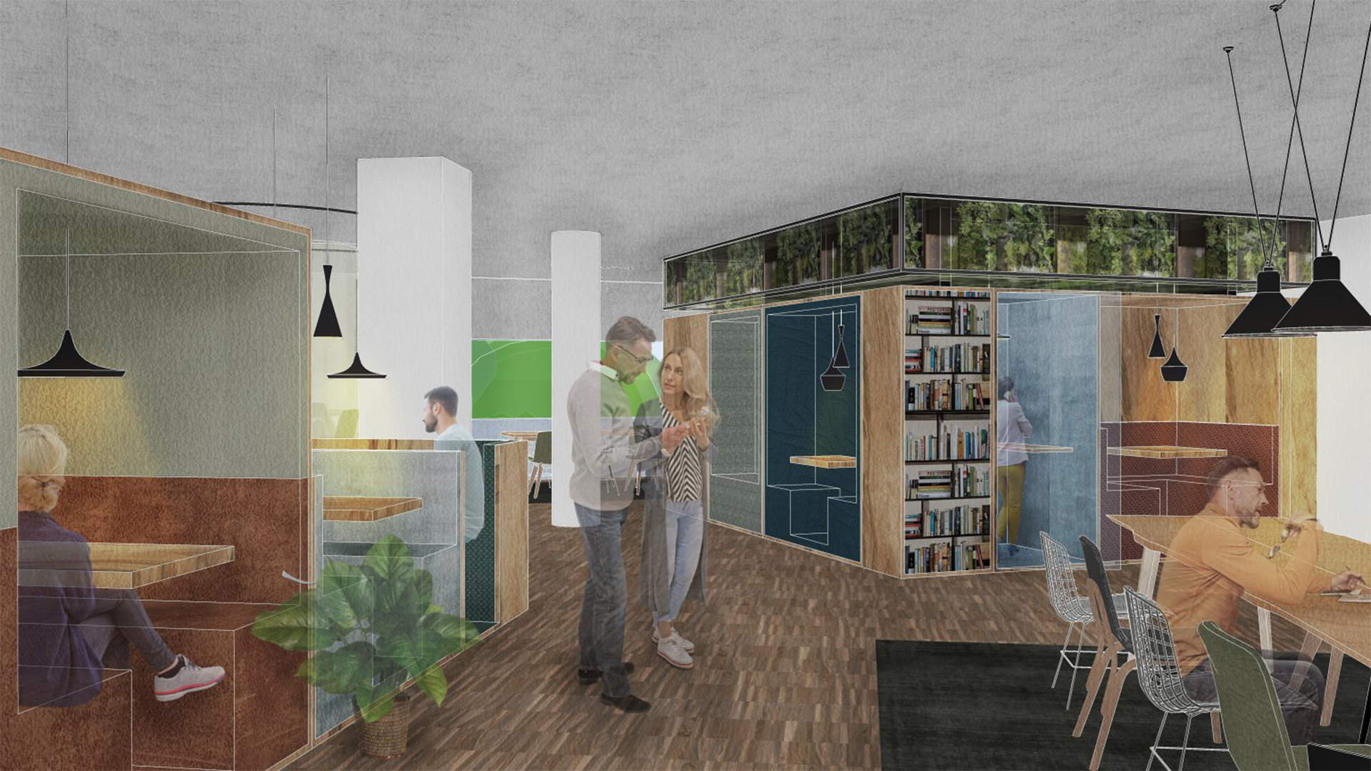 Green plants give space and color to this open area.