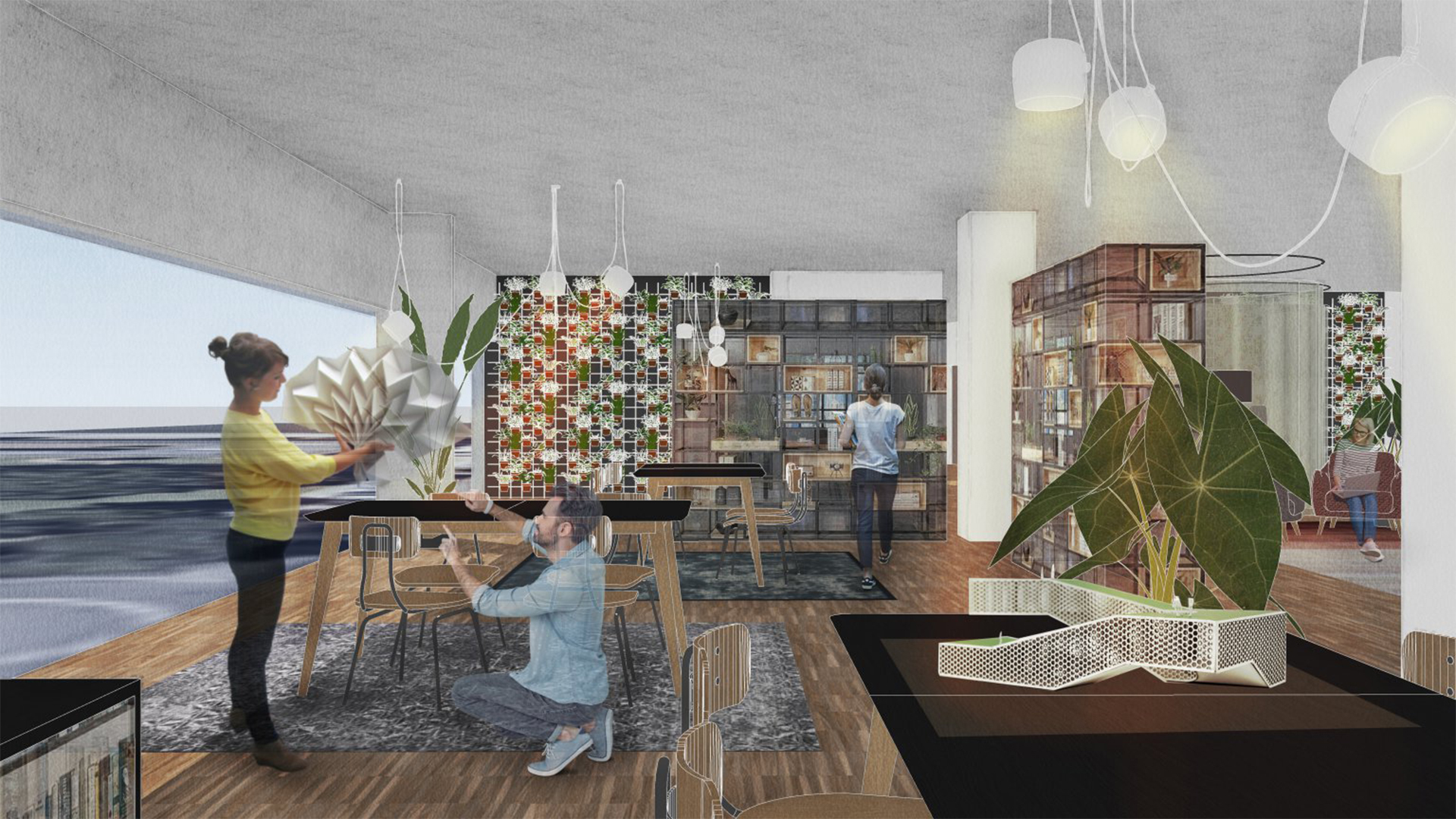 Plants are used as a decorative interior piece.